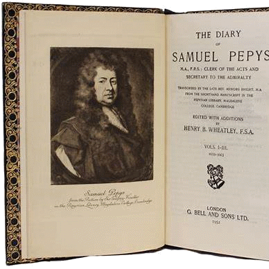 Title page of The Diary of Samuel Pepys with 17th-century calligraphy and decoration
